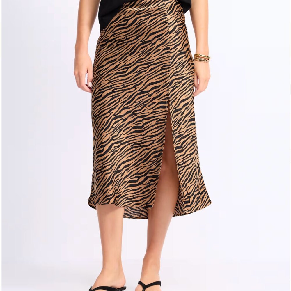 Skies are Blue Holly Satin Midi Skirt Size Large Tiger Print